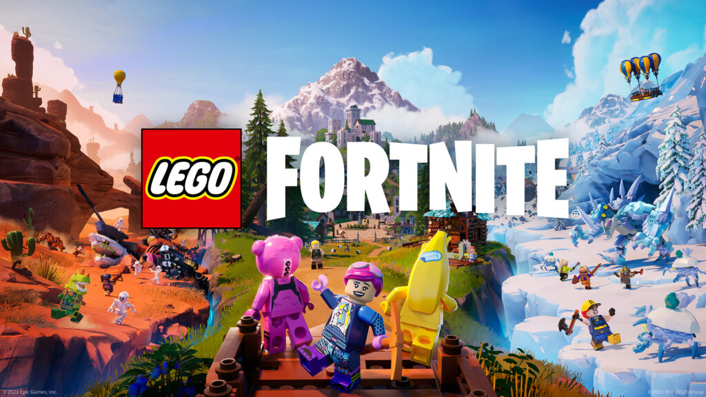 LEGO and Fortnite collaborative promotion showing LEGO characters in Fortnite world