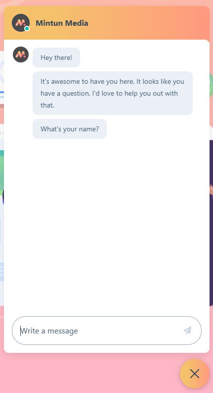 Live chat popup from Mintun Media offering personalized support—an effective Black Friday marketing strategy for increasing on-site conversions and reducing bounce during high-traffic periods.