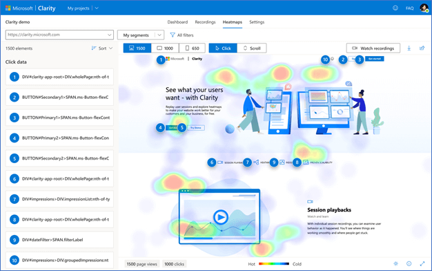 Screenshot of Microsoft Clarity’s heatmap analytics showing user interactions across a web page—essential for optimizing Black Friday marketing strategy through click tracking and UX insights.