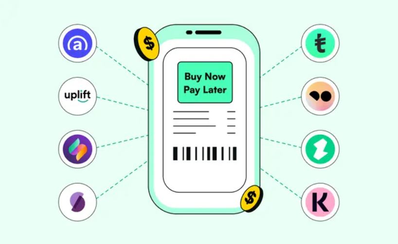 Illustration of a mobile phone showcasing 'Buy Now, Pay Later' with logos of popular installment payment providers—highlighting a key Black Friday marketing strategy for boosting conversions and removing price barriers.