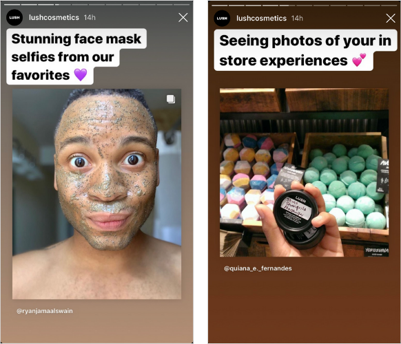 User-generated Instagram Stories from Lush Cosmetics featuring customer selfies with face masks and in-store experiences—an effective Black Friday marketing strategy for boosting engagement and brand trust through social proof.