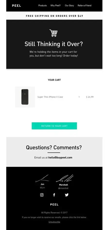 Abandoned cart email from Peel featuring a reminder message, product summary, and clear call-to-action—an essential Black Friday marketing strategy for recovering lost sales and increasing conversion rates.