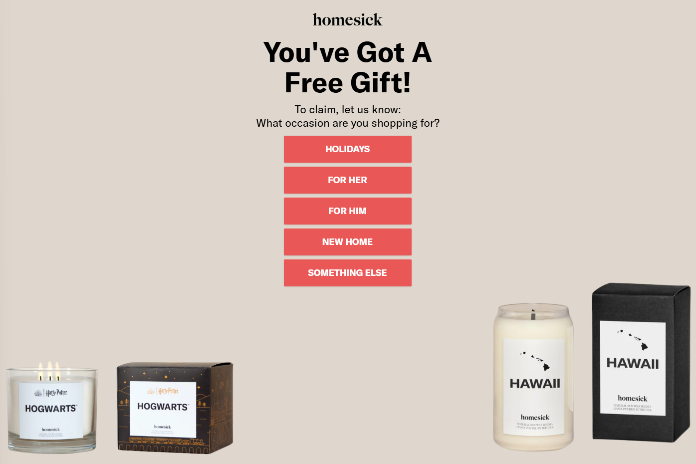 Homesick candle brand popup offering a free gift with a prompt to select a gifting occasion, featuring holiday-themed product imagery.