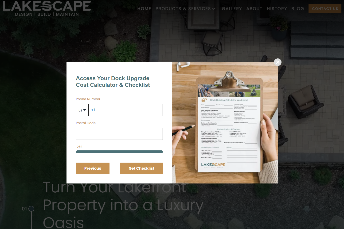 Second-step popup form offering a free Dock Upgrade Cost Calculator & Checklist from LakeScape, collecting phone number and postal code to finalize the lead capture.
