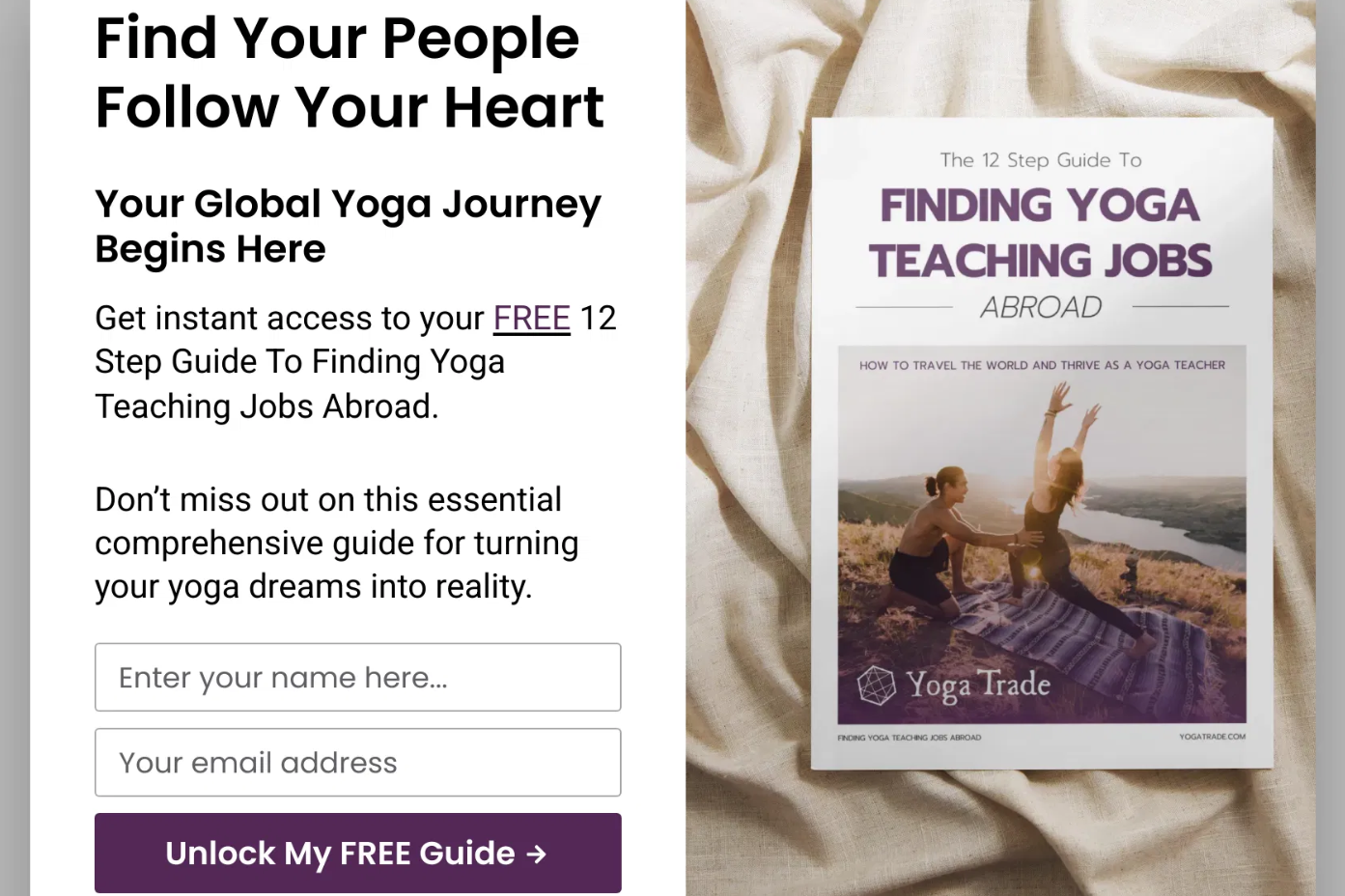 Yoga Trade lead magnet popup offering a free 12-step guide to finding yoga teaching jobs abroad, with a serene image of two people practicing yoga outdoors.