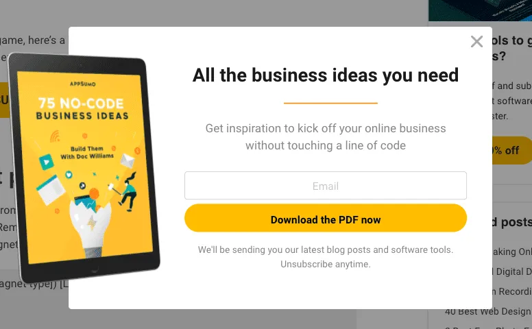 AppSumo lead magnet popup promoting a free downloadable guide on 75 no-code business ideas, targeting entrepreneurs and email list growth.