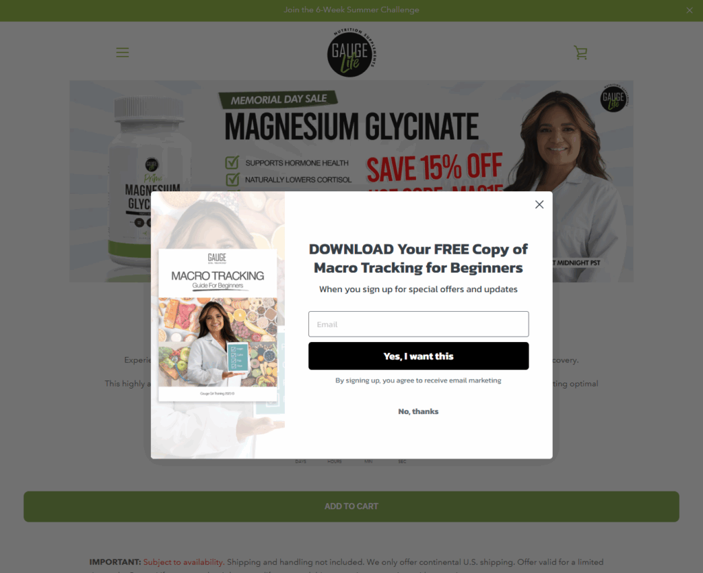 Gauge Life email popup offering a free macro tracking guide for beginners in exchange for signing up for updates, featuring a smiling nutritionist and colorful food visuals.