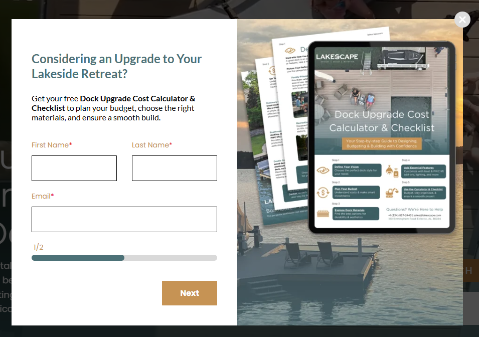 Lakescape email popup offering a free Dock Upgrade Cost Calculator & Checklist for lakeside property owners, designed to capture leads through a multi-step form.