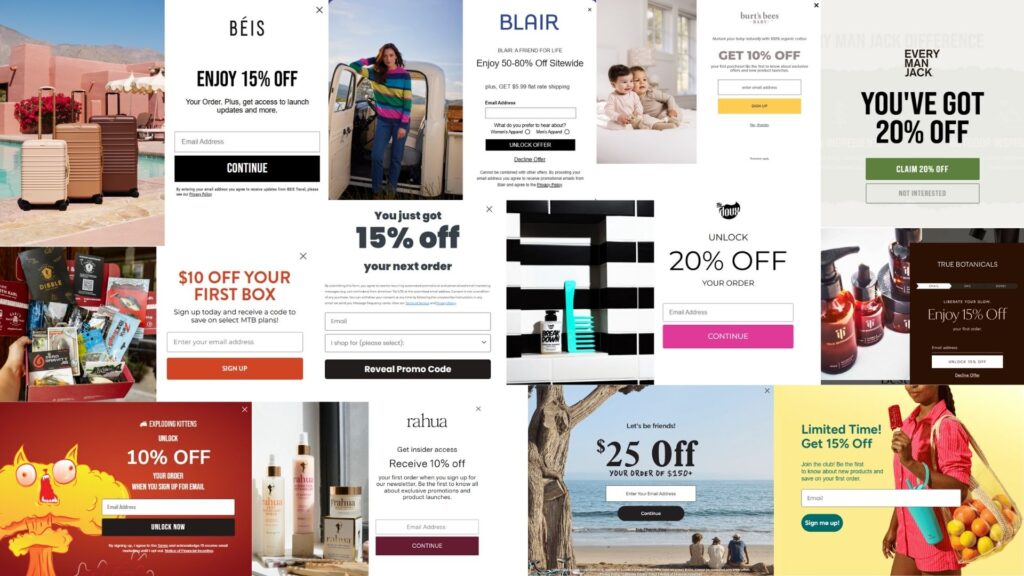 Collage of eCommerce discount popups from multiple brands showcasing various email capture offers like 10% or 15% off first purchase.