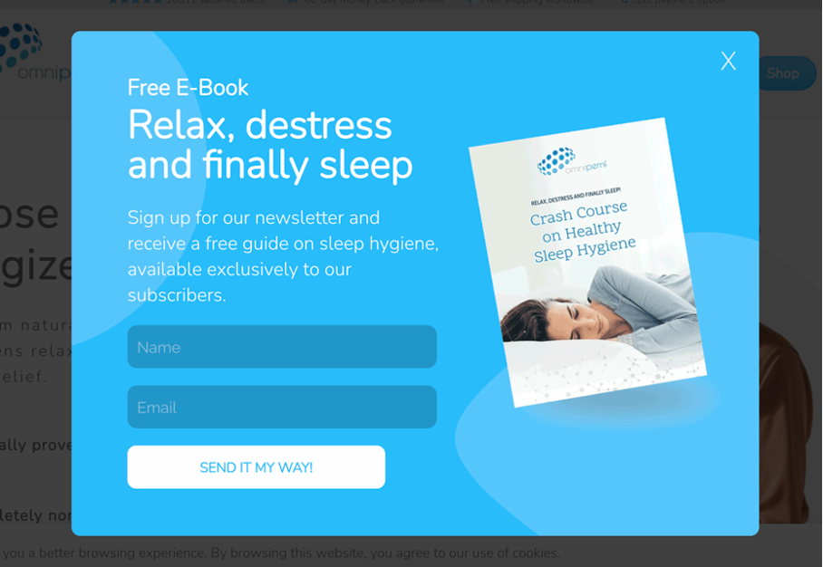 Omnipemf email popup offering a free sleep hygiene e-book in exchange for newsletter signup, visually emphasizing relaxation.