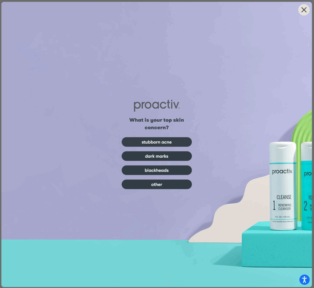Proactiv skincare quiz popup asking users to select their top skin concern, set against a modern pastel design with product display.