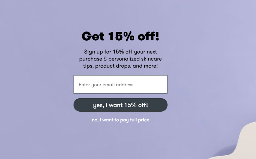 Minimalist email popup offering 15% off for new skincare customers after doing the quiz, with bold call-to-action and personalized tips for product drops and discounts.