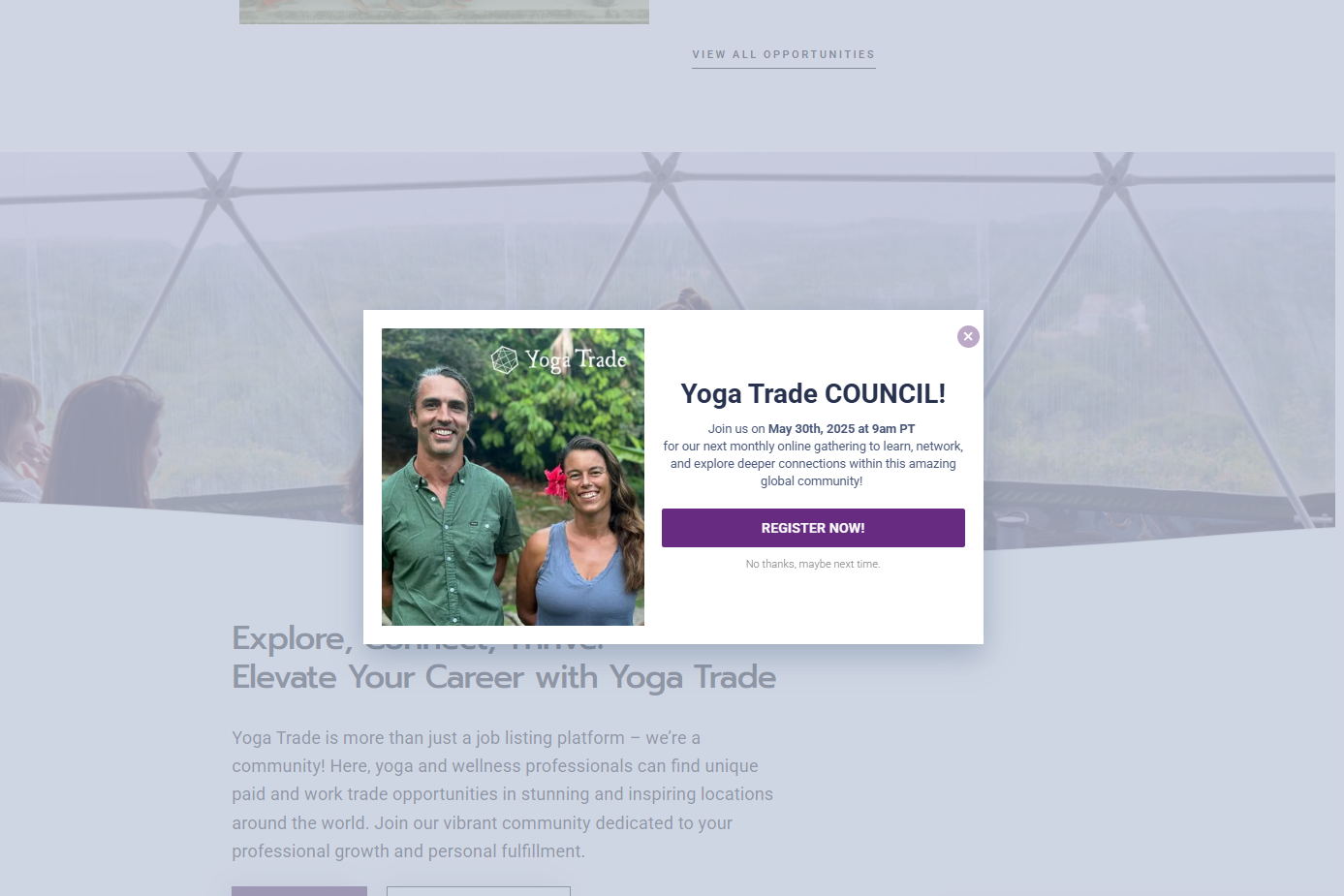 Yoga Trade email popup featuring a smiling couple promoting an online community event with a registration call-to-action.